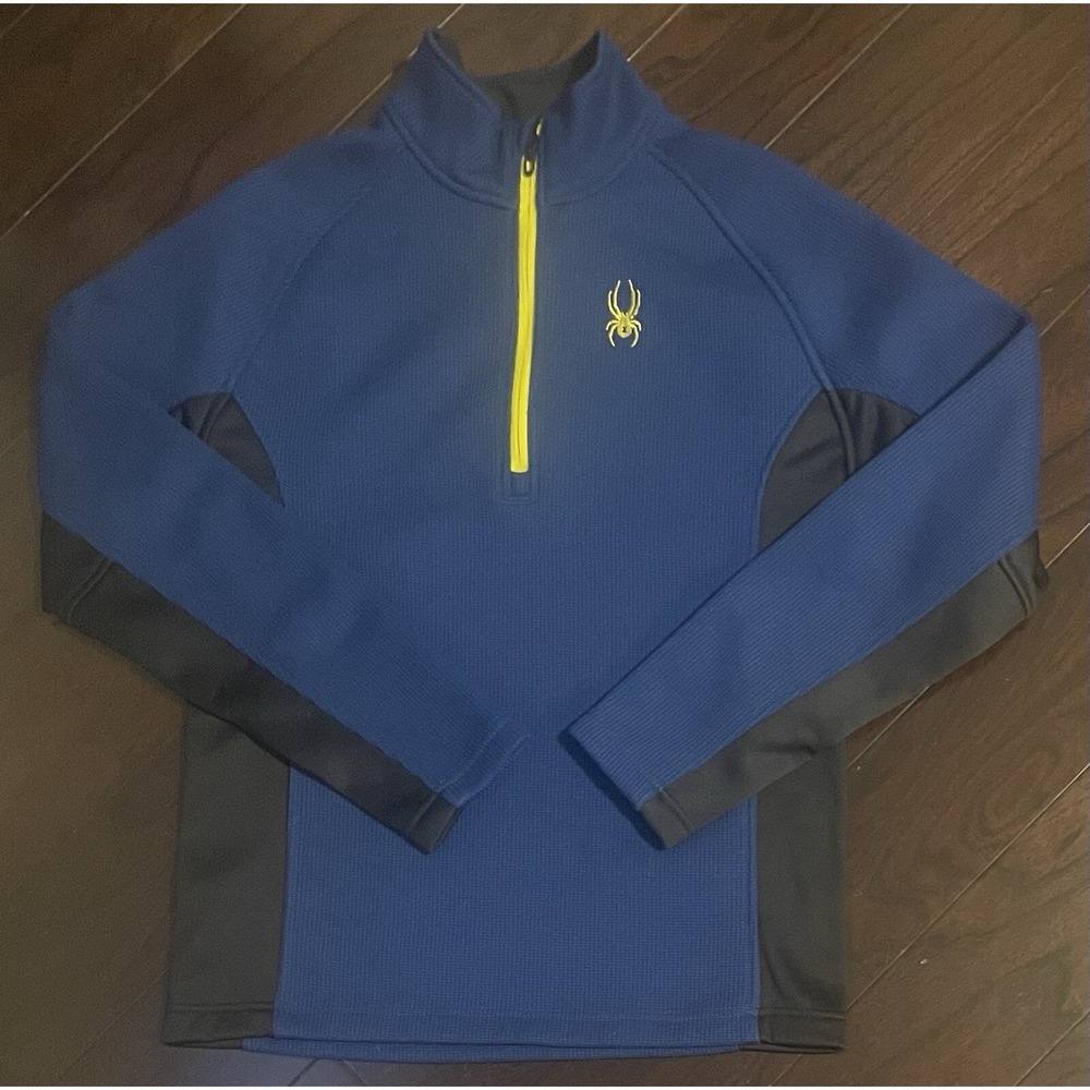 Spyder Pullover Mens Med Blue Black 1/4 Zip Waffle Knit Fleece Skiing Athletic